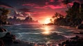 Futuristic tropical background, sunset on the sea coast