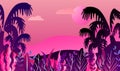 Futuristic tropical landscape with palm trees and plants, neon sunset in style of 80s, purple night background retro Royalty Free Stock Photo