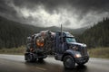 A futuristic truck is driving on the road. Dark dramatic landscape with forest as background, gloomy sky, rainy clouds.