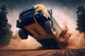 futuristic truck jumping over obstacle in rally