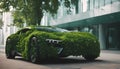 futuristic truck made of green leaves,concept of car that does not pollute