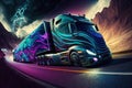 futuristic truck, with multiple drivers and co-drivers, racing through twisty mountain roads