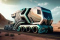 futuristic truck, with multiple drivers and co-drivers, racing through twisty mountain roads