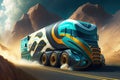 futuristic truck, with multiple drivers and co-drivers, racing through twisty mountain roads