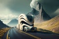 futuristic truck racing on twisty mountain road, with spectacular vistas visible in the background