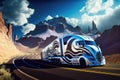 futuristic truck racing on twisty mountain road, with spectacular vistas visible in the background