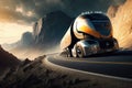 futuristic truck racing on twisty mountain road, with spectacular vistas visible in the background