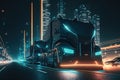 futuristic truck rally, with trucks driving through futuristic cityscape at night