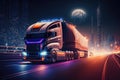 futuristic truck rally, with trucks driving through futuristic cityscape at night