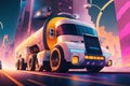 futuristic truck rallying through the futuristic city, with flying cars and holographic billboards