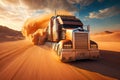 futuristic truck speeding through the desert, racing against the sunset