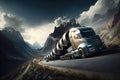 futuristic truck speeding through twisty mountain roads, chased by other futuristic trucks