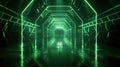 Futuristic tunnel background, dark garage with lines of green neon light, interior of abstract modern hall or warehouse. Concept Royalty Free Stock Photo