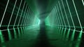 Futuristic tunnel background, perspective of dark garage with lines of green neon light, interior of abstract modern hall or Royalty Free Stock Photo