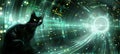 Futuristic tunnel black cat with yellow eyes in blurred background, space for text Royalty Free Stock Photo