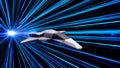 Futuristic tunnel with blue neon light rays and a space ship making a jump. Animation. Jump in time and space of a grey Royalty Free Stock Photo