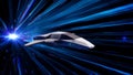 Futuristic tunnel with blue neon light rays and a space ship making a jump. Animation. Jump in time and space of a grey Royalty Free Stock Photo