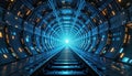 Futuristic tunnel design with glowing tech pattern. Cybersecurity quantum computing concept. Advanced tech system. Blue, orange