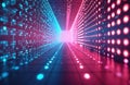 Futuristic tunnel with glowing dot display tech. Bright neon lights create vibrant colors. Abstract pattern of glowing dots.