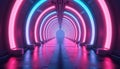 Futuristic tunnel glows with pink, blue neon lights. Abstract design with arched shapes. Empty path leads to distant light.
