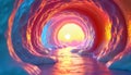 Futuristic tunnel glows with vibrant sunrise colors. Blending colors, shimmering light create surreal pathway. Dynamic structure