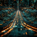 A futuristic tunnel illuminated by a glowing neon highway, with vibrant red and teal lights creating a high-tech, sci-fi
