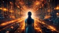 A futuristic tunnel of light and data streams towards the viewer, filled with glowing orange digital symbols
