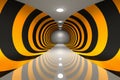 Futuristic tunnel with yellow and black stripes and reflective floor. Royalty Free Stock Photo