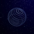 Futuristic twisted sphere made of lines and dots. Technological background. Data transmission network. 3D rendering