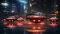 Futuristic UFOs with vibrant lights hovering over a city street. Concept of urban invasion, sci-fi cityscape, futuristic