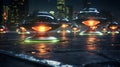 Futuristic UFOs with vibrant lights hovering over a wet city street. Concept of urban invasion, sci-fi cityscape