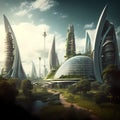 Futuristic ultra modern urban environment. City waterfront from the future with greenery