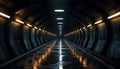 Futuristic underground corridor, dark and empty, illuminated by blue light generated by AI