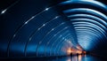 Futuristic underground corridor, illuminated by blue abstract lighting equipment generated by AI