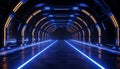 Futuristic underground corridor, illuminated by blue neon lighting equipment generated by AI