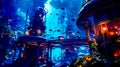 Futuristic underwater city with lot of fish and other things in it. Generative AI