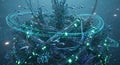 Futuristic Underwater Cityscape with Bioluminescent Flora and Cybernetic Fish Royalty Free Stock Photo