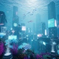 Futuristic Underwater Cityscape with Bioluminescent Flora and Schools of Fish Royalty Free Stock Photo