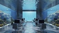 Futuristic Underwater Office with Coral Reef Views and Modern Workstations Royalty Free Stock Photo