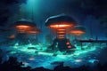 futuristic underwater research facility with glowing lights