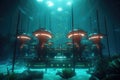 futuristic underwater research facility with glowing lights