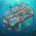 A futuristic underwater research facility with multiple levels is depicted. The upper Royalty Free Stock Photo