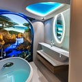A futuristic, underwater-themed bathroom with aquatic murals, blue LED lighting, and porthole mirrors4, Generative AI