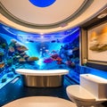 A futuristic, underwater-themed bathroom with aquatic murals, blue LED lighting, and porthole mirrors3, Generative AI