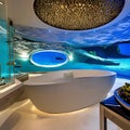 A futuristic, underwater-themed bathroom with aquatic murals, blue LED lighting, and porthole mirrors2, Generative AI