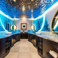 A futuristic, underwater-themed bathroom with aquatic murals, blue LED lighting, and porthole mirrors2, Generative AI