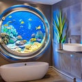 A futuristic, underwater-themed bathroom with aquatic murals, blue LED lighting, and porthole mirrors1, Generative AI