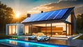 futuristic universal smart home with rooftop solar panel system for renewable energy concept. Royalty Free Stock Photo