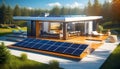 futuristic universal smart home with rooftop solar panel system for renewable energy concept. Royalty Free Stock Photo