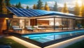 futuristic universal smart home with rooftop solar panel system for renewable energy concept. Royalty Free Stock Photo